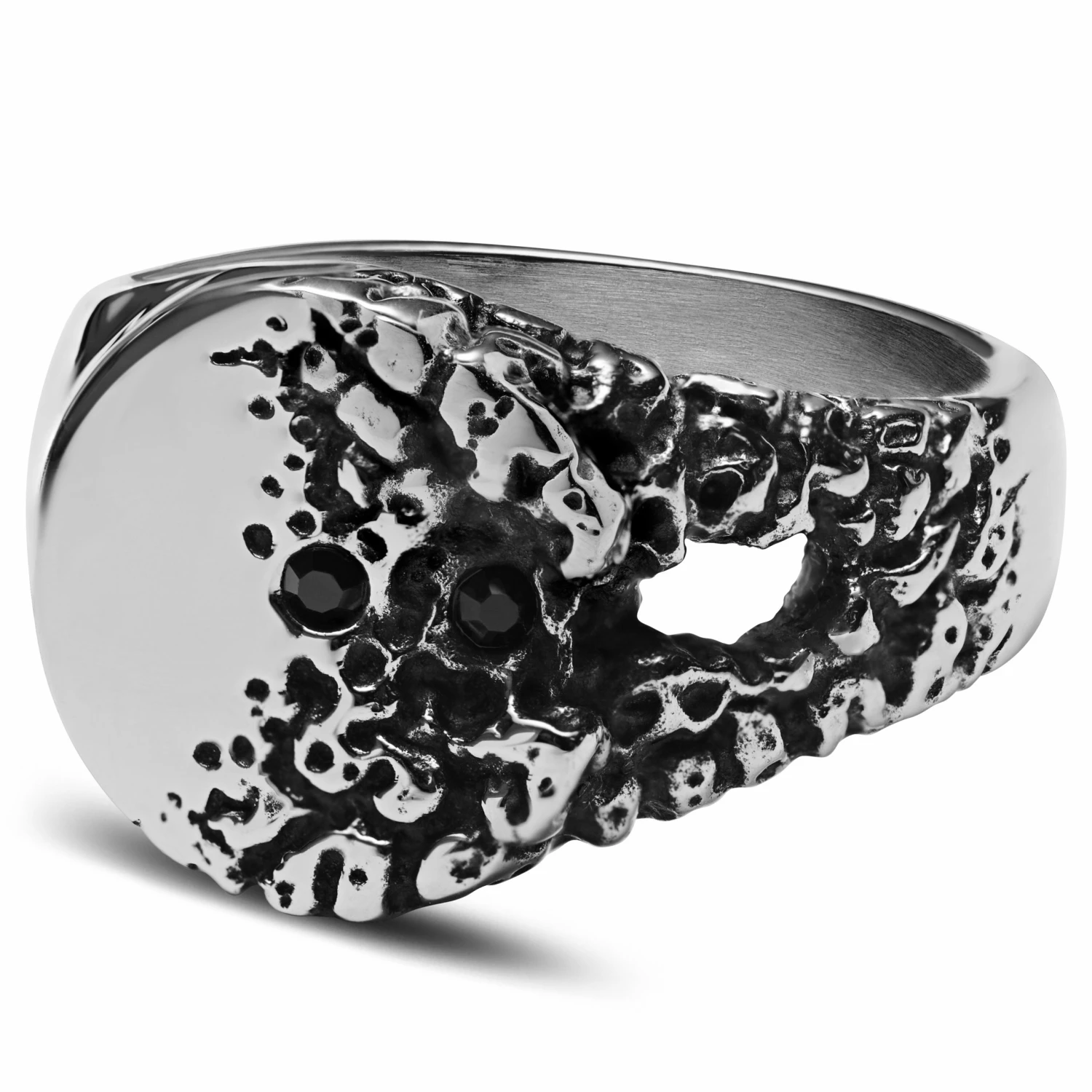 Arkai Orphic | Chevalière en acier inoxydable argenté avec zircone noire et motif volcanique 1 Arkai Orphic | Chevalière en acier inoxydable argenté avec zircone noire et motif volcanique