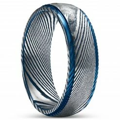 Lucleon Fortis | Bague en acier Damas couleur gris gunmetal et liseré bleu - 7 mm