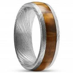 Lucleon Fortis | Bague en acier Damas argenté avec incrustation en œil de tigre - 7 mm