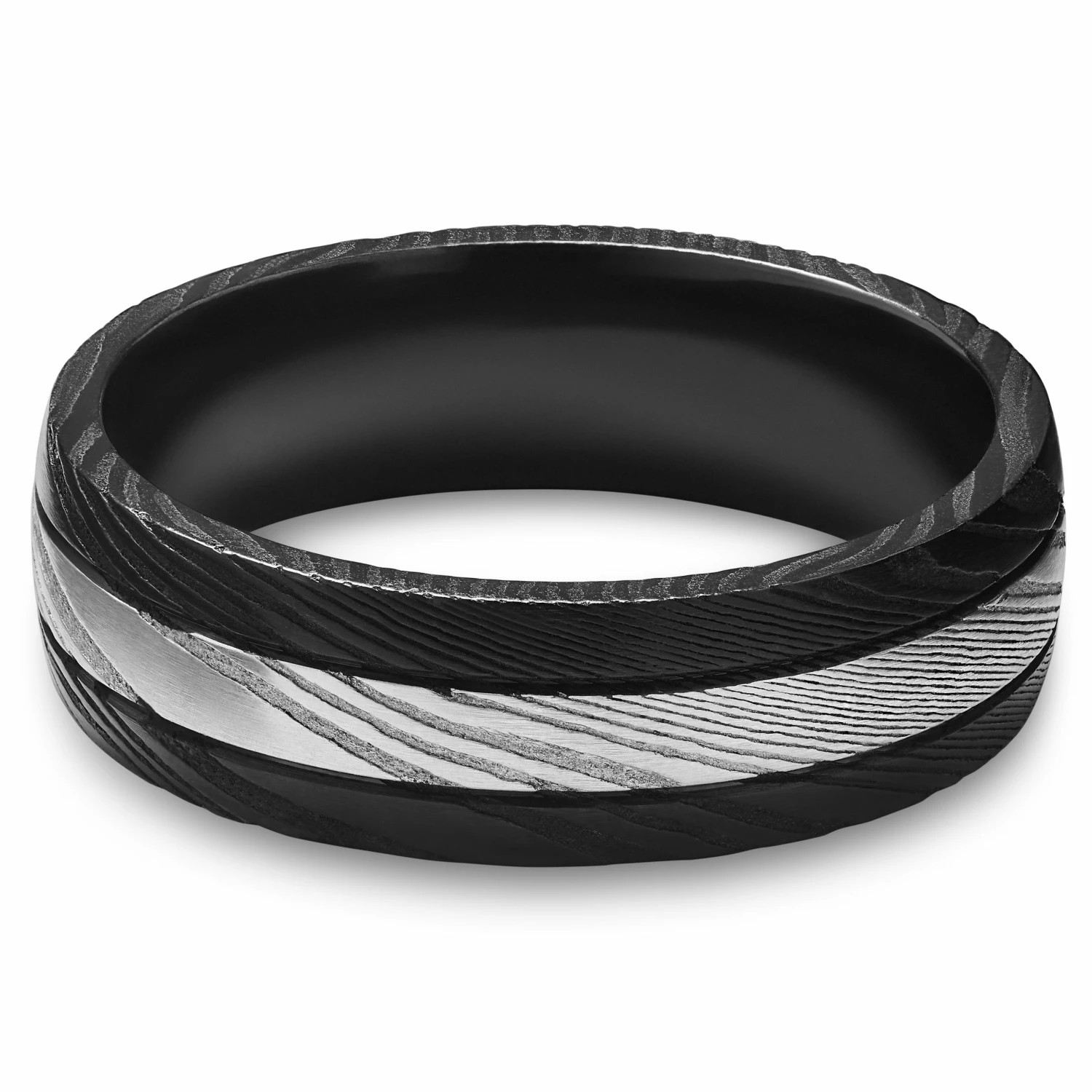 Lucleon Fortis | Bague en acier Damas et titane de couleur argentée à double liseré noir - 7 mm 6 Lucleon Fortis | Bague en acier Damas et titane de couleur argentée à double liseré noir - 7 mm – Image 6