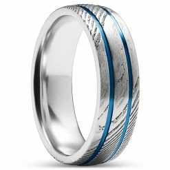 Lucleon Fortis | Bague en acier Damas et en titane bleu à double cannelure - 7 mm