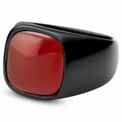 Lucleon Chevalière noire gunmetal Gravel Len à pierre d'onyx rouge