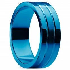 Lucleon Ferrum | Anneau bleu à double rainure en acier inoxydable brossé et poli - 8 mm