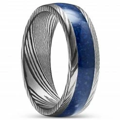 Lucleon Fortis | Bague en acier Damas gris gunmetal et argent avec incrustation en lapis-lazuli - 7 mm