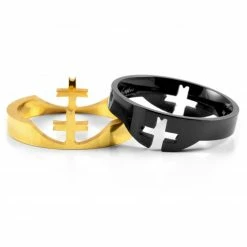 Fort Tempus Bague en acier noire et dorée avec croix -BAGUES Soldes 38 2 12