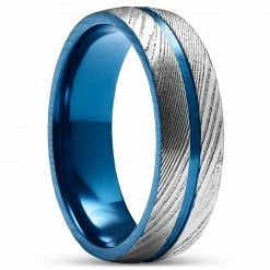 Lucleon Fortis | Bague en acier Damas couleur gris argenté et titane bleu - 7 mm