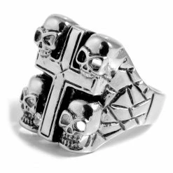 SteelCZ Bague en acier Croix et Têtes de mort
