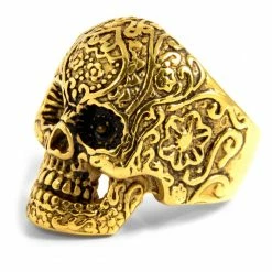 SteelCZ Bague en acier Tête de mort doré