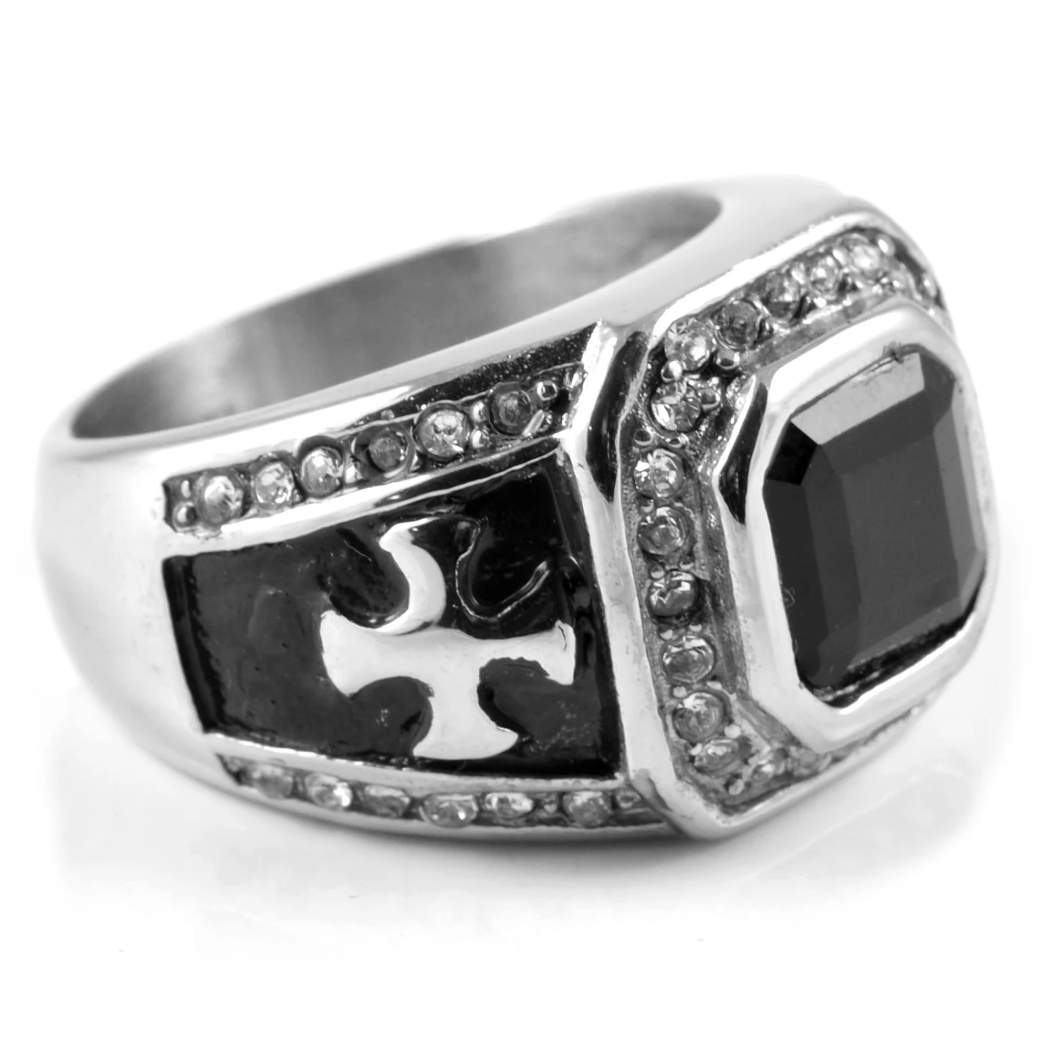 SteelCZ Bague en acier à motif en croix sertie d'une zircone noire 1 SteelCZ Bague en acier à motif en croix sertie d'une zircone noire
