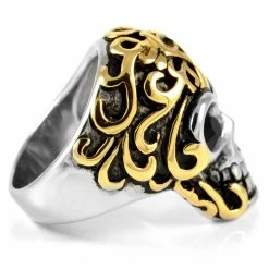 SteelCZ Chevalière en acier tête de mort dorée -BAGUES Soldes 5 2 5 8