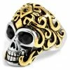SteelCZ Chevalière en acier tête de mort dorée
