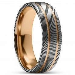 Lucleon Fortis | Bague en acier Damas couleur gris et gunmetal et en titane couleur or rose à double cannelure - 7 mm