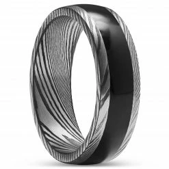 Lucleon Fortis | Bague en acier Damas gris gunmetal et argent avec incrustation en onyx - 7 mm