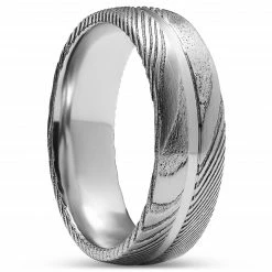 Lucleon Fortis | Bague en acier Damas et titane à double liseré argenté - 7 mm
