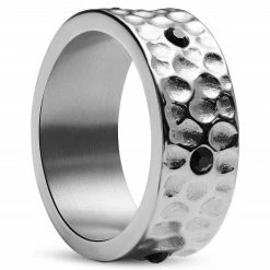 Arkai Orphic | Bague en acier inoxydable argenté martelé avec zircone noire - 9 mm
